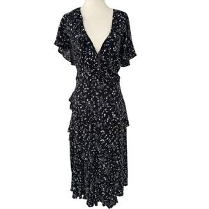 Joie Floral Midi Dress Womens Size 10 Black V Neck Ruffle Whimsigoth Cocktail